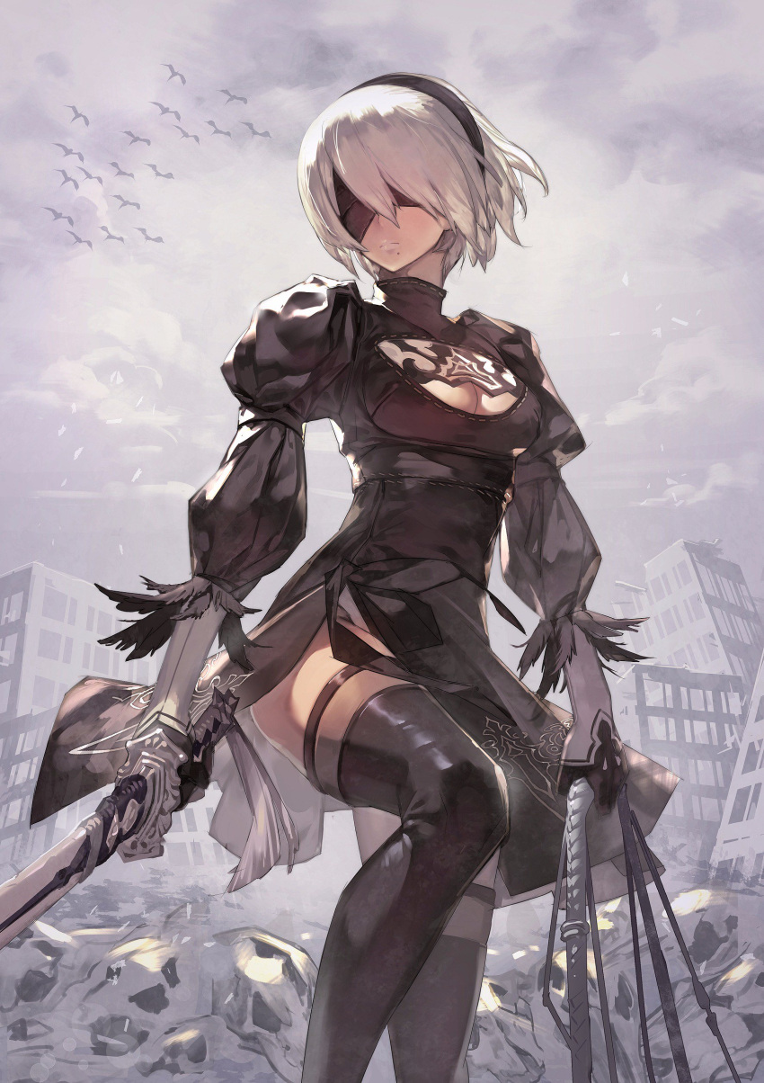 1girl absurdres android black_dress blindfold boots breasts cleavage cleavage_cutout clouds cloudy_sky dress feather-trimmed_sleeves hairband highres katahira_(hiyama) katana medium_breasts mole nier_(series) nier_automata ruins sky solo sword thigh-highs thigh_boots weapon white_hair yorha_no._2_type_b