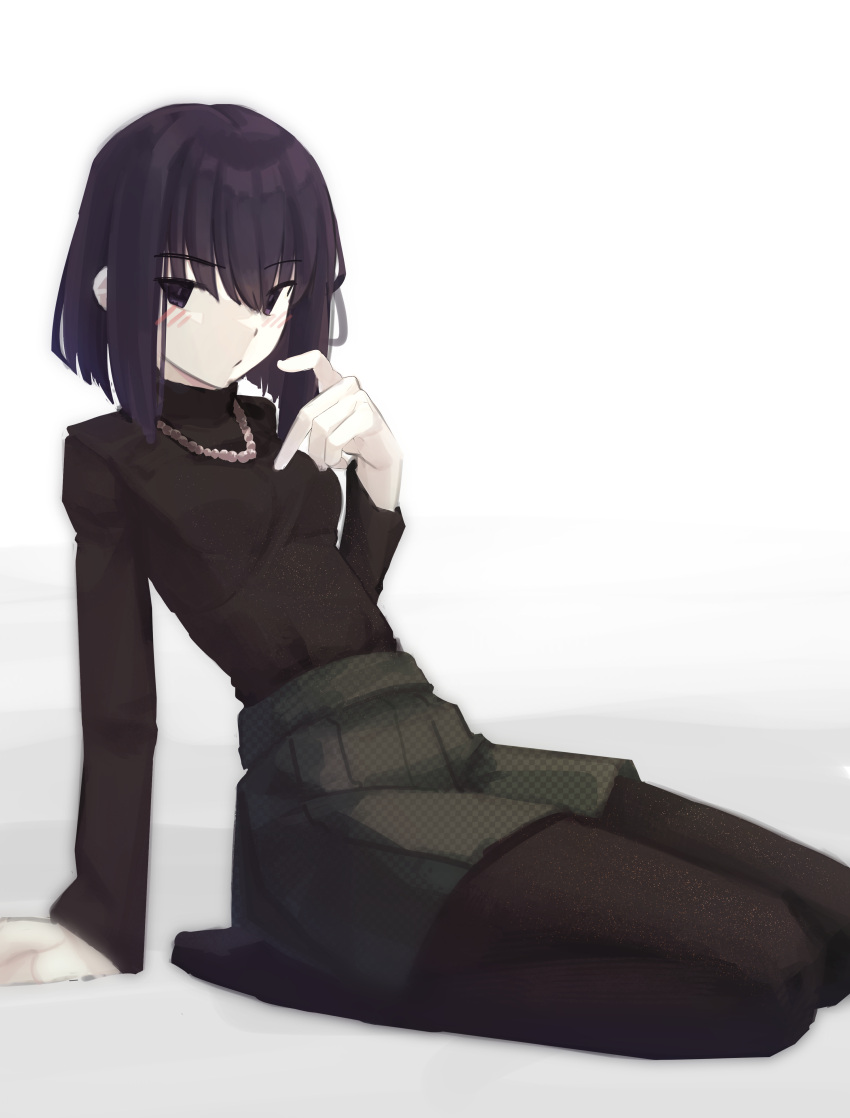 1girl absurdres black_eyes black_hair black_sweater deko_morii english_commentary highres jewelry kuonji_alice light_blush mahou_tsukai_no_yoru necklace pantyhose seiza short_hair sitting skirt solo sweater turtleneck turtleneck_sweater type-moon white_background