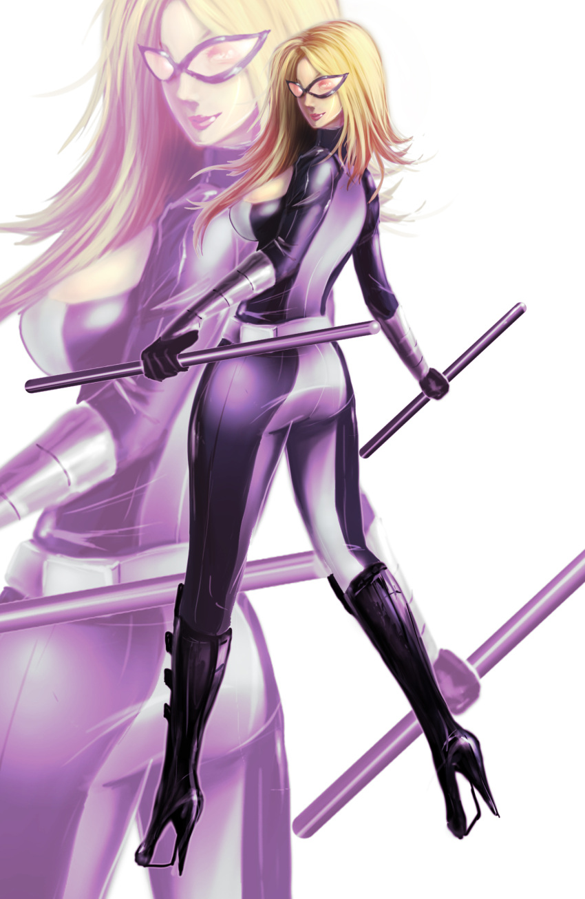 1girl ass back black_boots blonde_hair bodysuit boots breasts gloves high_heel_boots high_heels highres knee_boots long_hair marvel mockingbird_(marvel) simple_background solo staff sunglasses uliel white_background