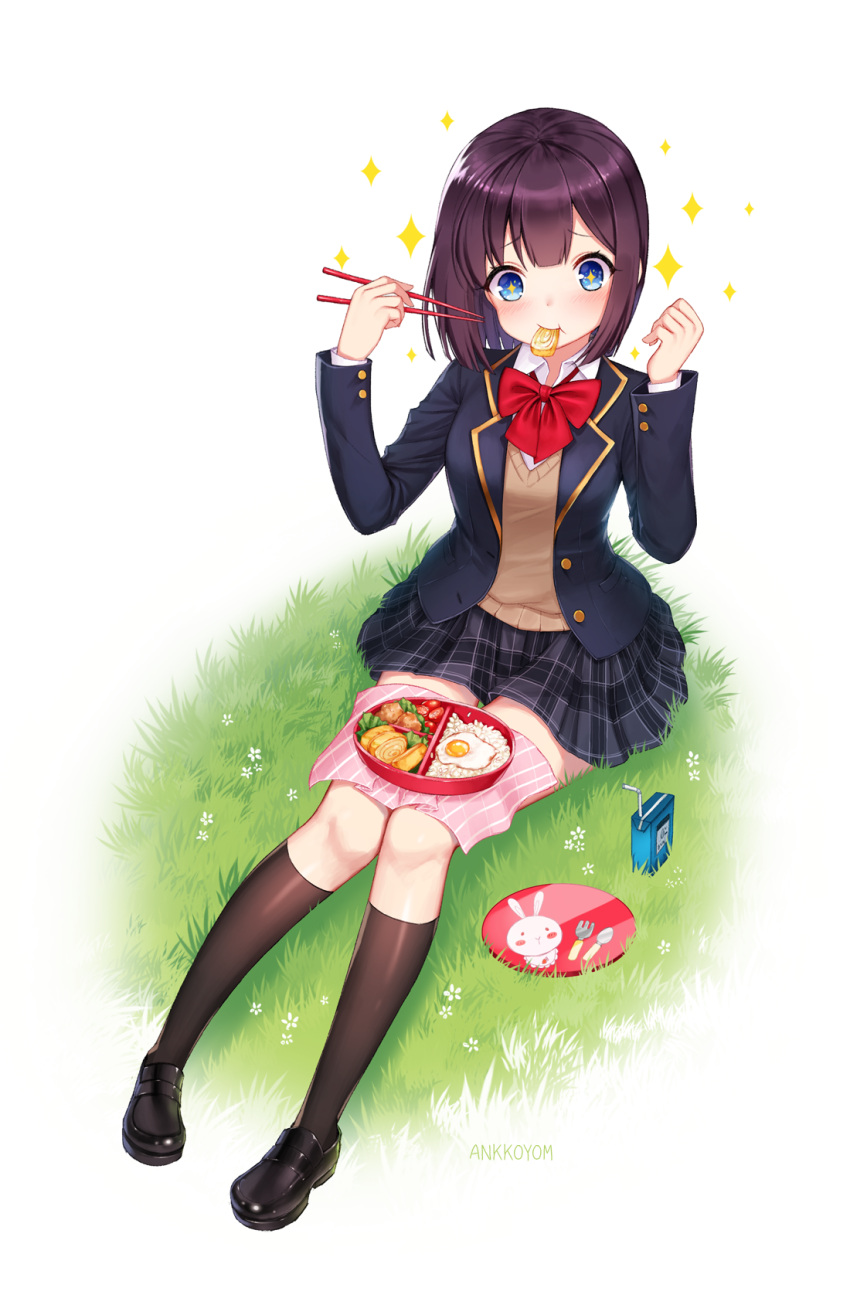 +_+ 1girl :t ango artist_name bendy_straw black_legwear black_shoes black_skirt blazer blush_stickers bow bowtie chopsticks collared_shirt drinking_straw eating flower food fork fried_egg full_body grass highres holding holding_chopsticks jacket juice_box kneehighs knees_together_feet_apart lettuce loafers looking_at_viewer lunch napkin original outdoors plaid plaid_skirt plate purple_hair rabbit red_bow red_bowtie rice school_uniform shiny shiny_hair shirt shoes short_hair simple_background sitting skirt spoon tomato unbuttoned uniform white_background white_flower white_shirt wing_collar