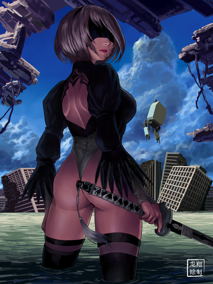 1girl ass back_cutout black_footwear black_hairband black_legwear blindfold boots covered_eyes drone feather-trimmed_sleeves from_behind hairband highres leotard lips long_sleeves mole mole_under_mouth nier_(series) nier_automata no_pants pod_(nier_automata) ruins ryu_shou silver_hair solo thigh-highs thigh_boots thighhighs_under_boots wading white_leotard yorha_no._2_type_b