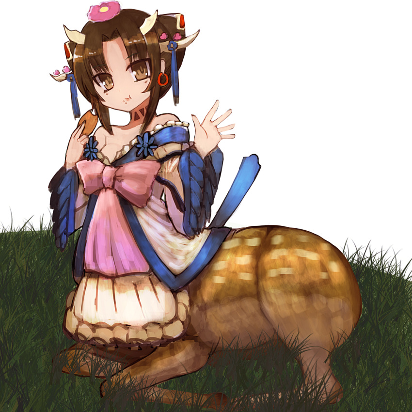 1girl :t bow brown_eyes brown_hair centauroid clantail deer dress earrings eating flower frilled_dress frills grass hair_flower hair_ornament highres hoop_earrings horn_ribbon horns jewelry long_sleeves looking_at_viewer lying mahou_shoujo_ikusei_keikaku mahou_shoujo_ikusei_keikaku_restart neck_tattoo off-shoulder_dress off_shoulder on_ground pink_bow ribbon sidelocks sirodengaku solo tattoo waving wide_sleeves