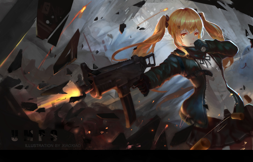 1girl absurdres ammunition_pouch arm_belt arm_strap bangs belt black_ribbon blonde_hair brown_legwear buttons character_name clenched_teeth copyright_name cowboy_shot dress_shirt explosion explosive finger_on_trigger firing girls_frontline gloves green_gloves green_jacket green_skirt grenade gun h&amp;k_ump h&amp;k_ump9 hair_ornament hairclip hand_to_own_mouth hands_up heckler_&amp;_koch highres holding holding_gun holding_weapon hood hooded_jacket hoodie jacket long_hair long_sleeves neck_ribbon open_clothes open_hoodie open_jacket pantyhose personification pleated_skirt ribbon scarf shards shell_casing shirt skirt smoke solo standing strap submachine_gun suppressor teeth twintails ump9_(girls_frontline) weapon white_shirt xiaoxiao yellow_eyes