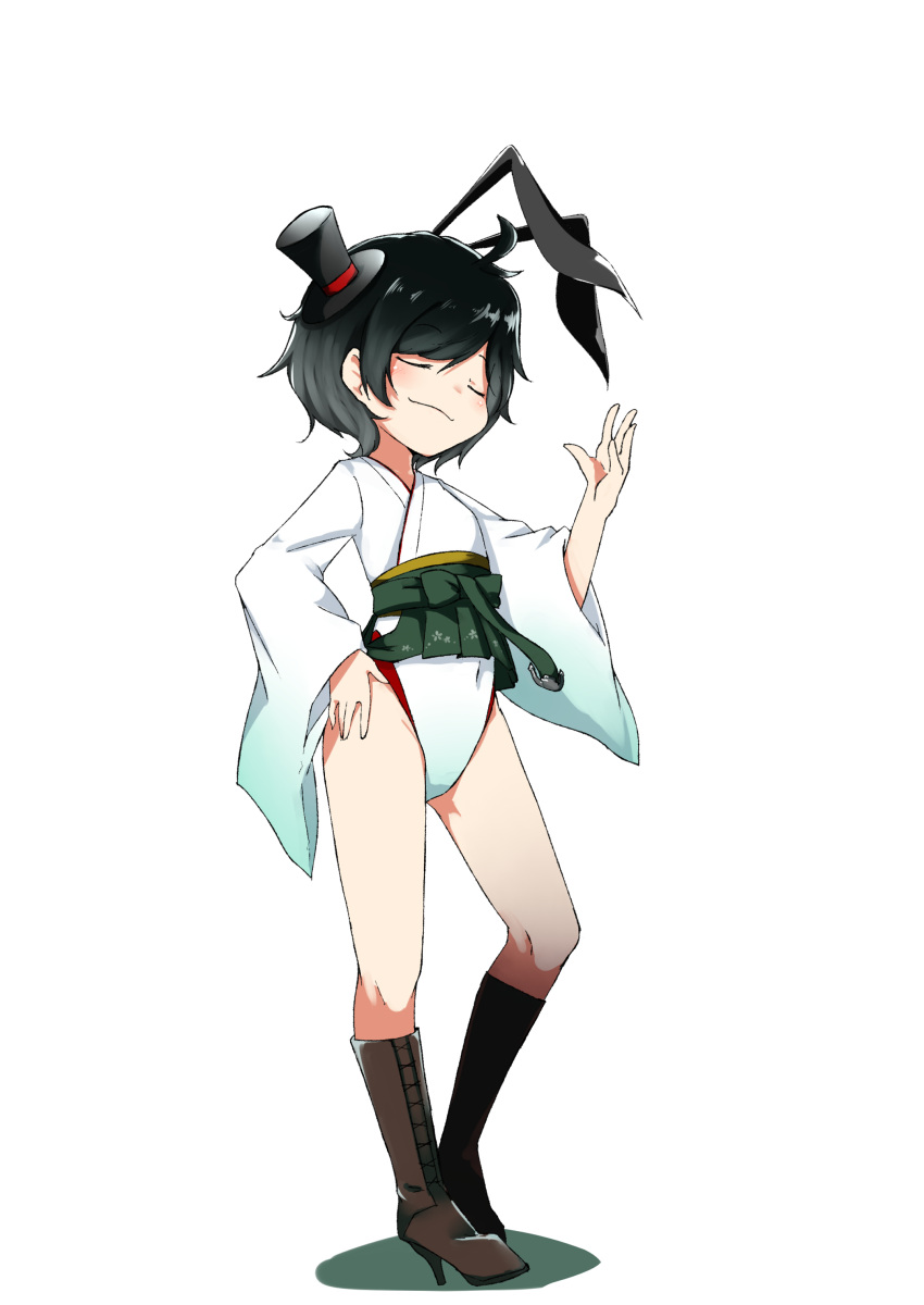1girl absurdres adapted_costume animal_ears black_boots black_hair boots bunny_girl bunny_tail closed_eyes cross-laced_footwear full_body hakama_skirt hat highres kantai_collection lace-up_boots leotard matsukaze_(kantai_collection) mini_hat mini_top_hat nassukun rabbit_ears short_hair smile smug solo standing tail top_hat white_background