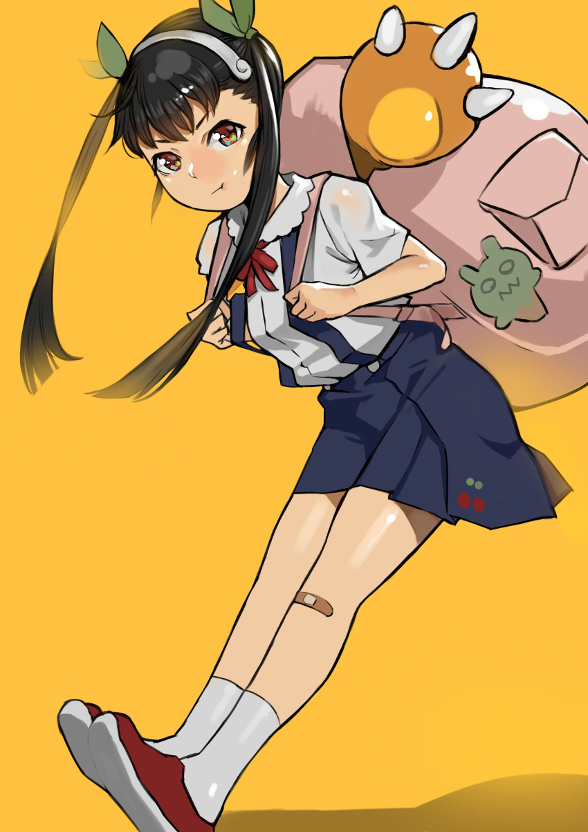 &gt;:t 1girl :t absurdres backpack bag bakemonogatari bandaid bandaid_on_knee black_hair full_body hachikuji_mayoi hair_ribbon hairband highres long_hair looking_at_viewer monogatari_(series) multicolored multicolored_eyes pout ribbon shirt shoes simple_background skirt socks solo suspenders twintails white_legwear white_shirt yellow_background yomu_(sgt_epper)