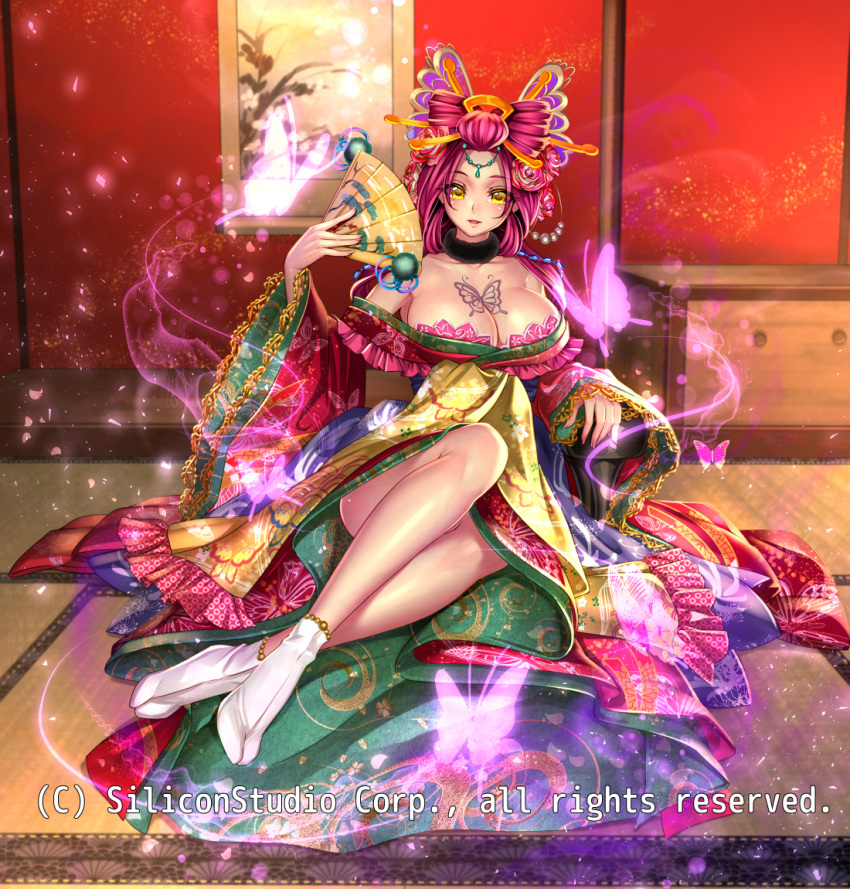 1girl anklet barefoot blush breasts butterfly cleavage company_name fan flower full_body fur_trim gyakushuu_no_fantasica hair_flower hair_ornament hair_stick japanese_clothes jewelry large_breasts official_art open_mouth pink_hair ryuki@maguro-ex sitting socks solo tabi tattoo yellow_eyes