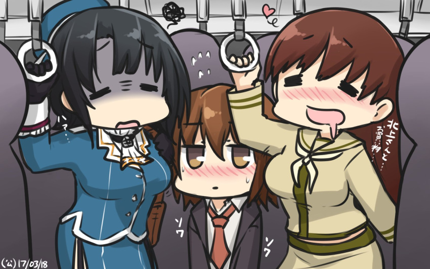 3girls ascot beret black_gloves black_hair blazer blush breasts brown_hair commentary dated drooling embarrassed flying_sweatdrops gloves ground_vehicle hamu_koutarou hat heart highres jacket kantai_collection large_breasts long_hair military military_uniform multiple_girls necktie ooi_(kantai_collection) school_uniform serafuku shaded_face short_hair squiggle sweat takao_(kantai_collection) train train_interior uniform wakaba_(kantai_collection)