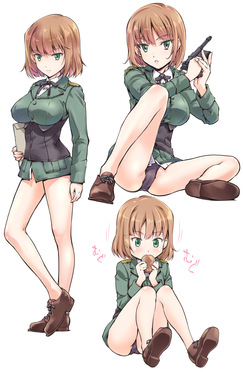 1girl absurdres blush brave_witches breasts brown_hair eating envelope green_eyes gun gundula_rall handgun highres military military_uniform short_hair sitting smile solo spread_legs suzuki24 uniform weapon white_background world_witches_series