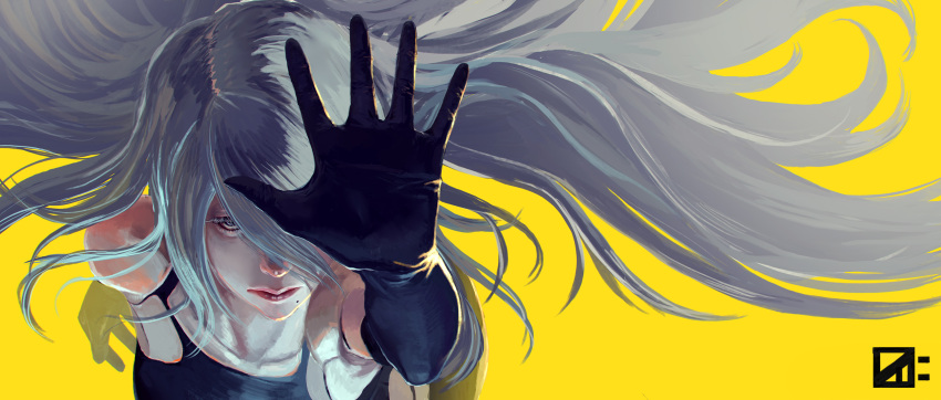 1girl android armlet blue_eyes breasts collarbone elbow_gloves eyelashes gloves hair_over_one_eye highres lips long_hair looking_at_viewer looking_up matsudaira_hito mole mole_under_mouth nier_(series) nier_automata open_hand pale_skin solo spread_fingers tank_top white_eyelashes white_hair yellow_background yorha_type_a_no._2