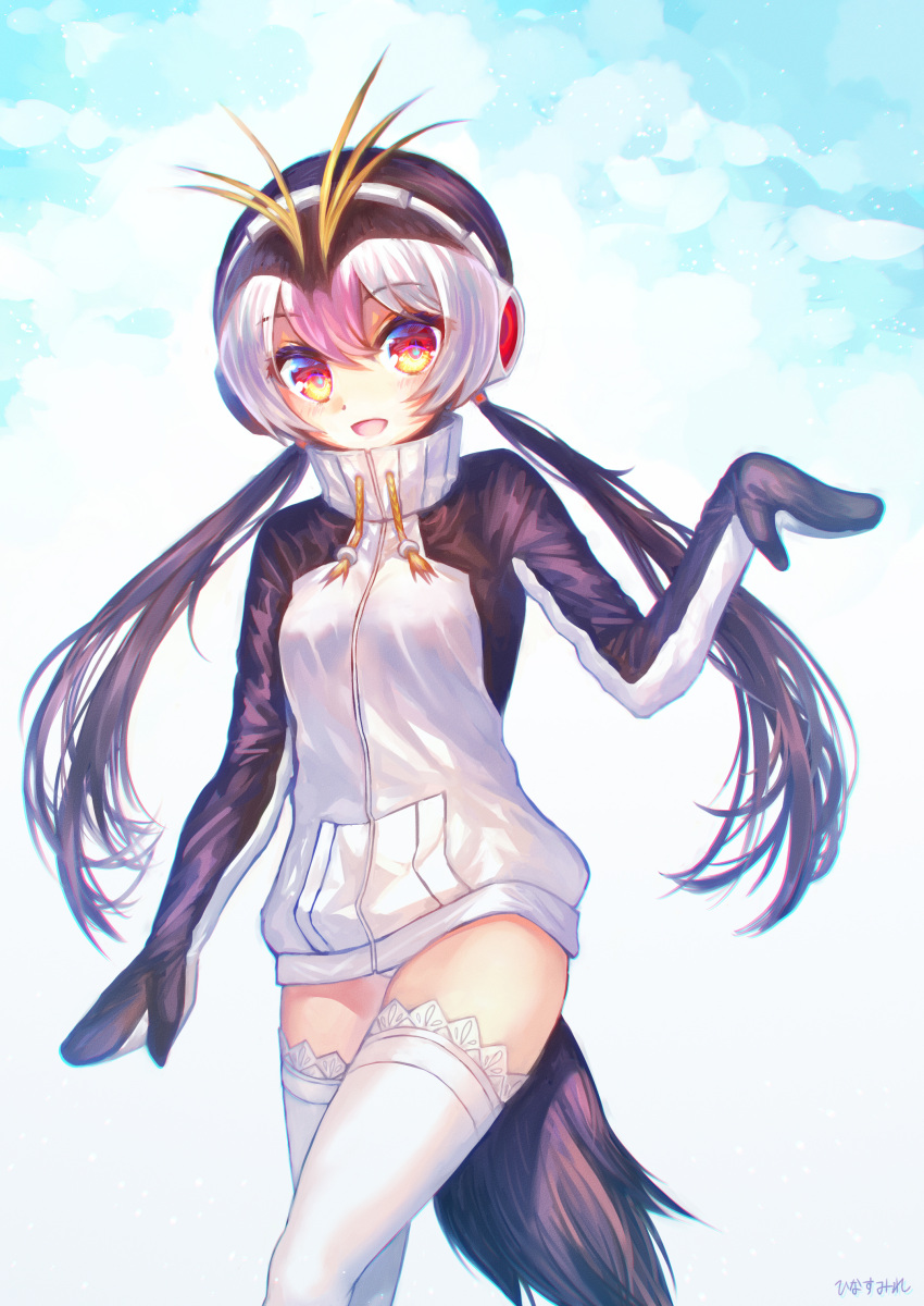 1girl absurdres black_hair headphones highres hinasumire kemono_friends lace lace-trimmed_thighhighs long_hair low_twintails red_eyes royal_penguin_(kemono_friends) solo thigh-highs twintails white_legwear