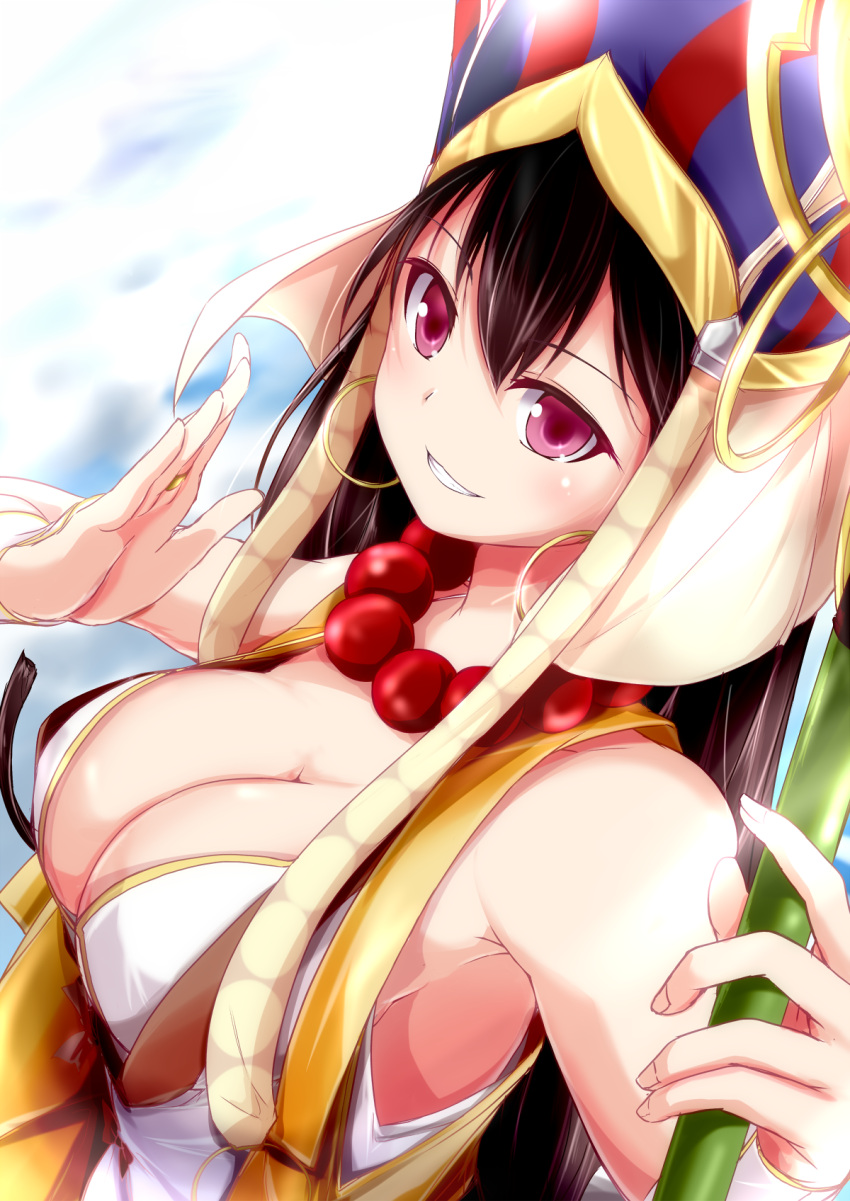 &gt;:) 1girl armpits beads bikini_top black_hair blush breasts cleavage detached_sleeves earrings erect_nipples fate/grand_order fate_(series) from_side grin hat highres hoop_earrings jewelry large_breasts long_hair looking_at_viewer looking_to_the_side nanaume_(shichimi_tougarashi) prayer_beads smile solo upper_body violet_eyes xuanzang_(fate/grand_order)