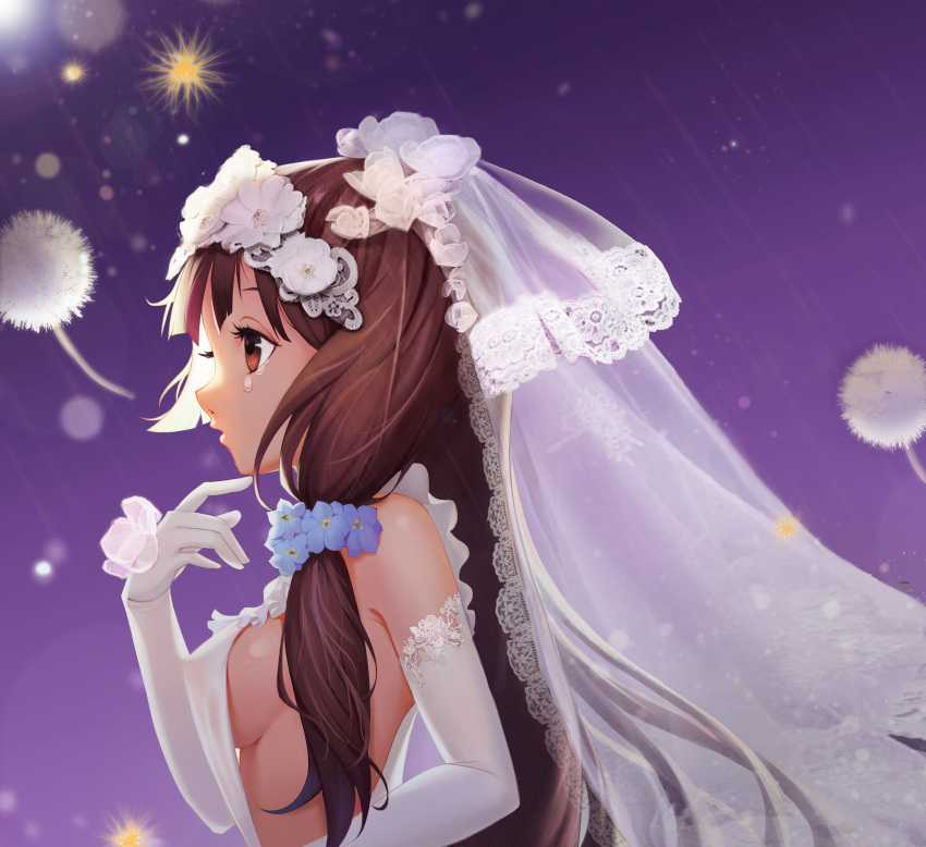 1girl absurdres bare_shoulders breasts bridal_veil bride brown_eyes brown_hair crying dress elbow_gloves fei_zen_qq finger_to_chin flower from_side gloves hair_flower hair_ornament hand_up highres lace lace-trimmed_gloves lace_trim long_hair low_tied_hair medium_breasts open_mouth original profile sideboob sleeveless sleeveless_dress solo teardrop tears upper_body veil wedding_dress white_dress white_gloves
