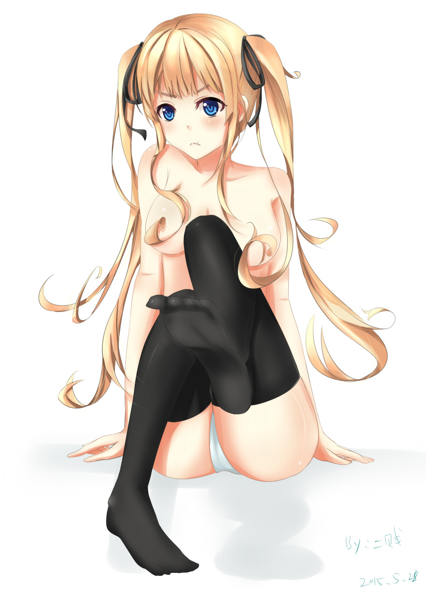 1girl 2015 :&lt; :t absurdres arm_support black_legwear blonde_hair blue_eyes breasts convenient_censoring dated feet frown highres long_hair medium_breasts panties partially_undressed saenai_heroine_no_sodatekata sawamura_spencer_eriri solo thigh-highs twintails underwear underwear_only white_background white_legwear white_panties