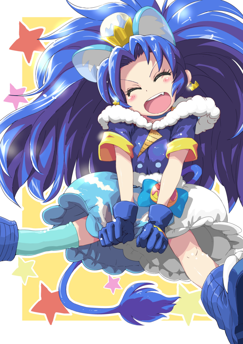 1girl :d ^_^ animal_ears blue_gloves blue_hair blue_legwear blush cat_ears cat_tail closed_eyes cure_gelato earrings fang food_themed_hair_ornament gloves hair_ornament highres jewelry kirakira_precure_a_la_mode lion_ears lion_tail long_hair magical_girl moyamu open_mouth ponytail precure short_sleeves single_thighhigh smile solo star tail tategami_aoi thigh-highs