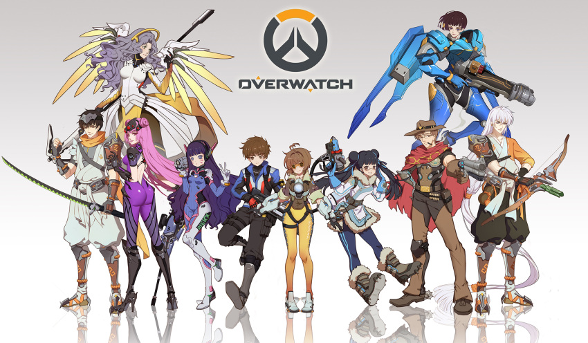 antenna_hair ass bodysuit bow_(weapon) breasts brown_hair camera card_captor_sakura cosplay cowboy curly_hair d.va_(overwatch) d.va_(overwatch)_(cosplay) daidouji_kira daidouji_tomoyo duximeng father_and_daughter father_and_son full_body genji_(overwatch) genji_(overwatch)_(cosplay) glasses goggles green_eyes gun hanzo_(overwatch) hanzo_(overwatch)_(cosplay) hat headband highres japanese_clothes kero kinomoto_fujitaka kinomoto_nadeshiko kinomoto_sakura kinomoto_touya li_xiaolang long_hair looking_at_viewer mccree_(overwatch) mccree_(overwatch)_(cosplay) mei_(overwatch) mei_(overwatch)_(cosplay) mei_ling mercy_(overwatch) mercy_(overwatch)_(cosplay) mother_and_daughter multiple_boys multiple_girls open_mouth overwatch pantyhose ponytail purple_hair short_hair smile soldier:_76_(overwatch) soldier:_76_(overwatch)_(cosplay) sword tracer_(overwatch) tracer_(overwatch)_(cosplay) weapon western widowmaker_(overwatch) widowmaker_(overwatch)_(cosplay) wings