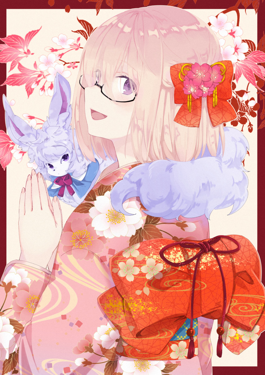 1girl beige_background bow branch brown_border commentary_request creature fate/grand_order fate_(series) floral_background floral_print flower fou_(fate/grand_order) from_side furisode hair_bow hair_flower hair_ornament half_updo highres japanese_clothes kimono looking_to_the_side new_year own_hands_together pink_hair shielder_(fate/grand_order) short_hair simple_background tanaka_kii violet_eyes