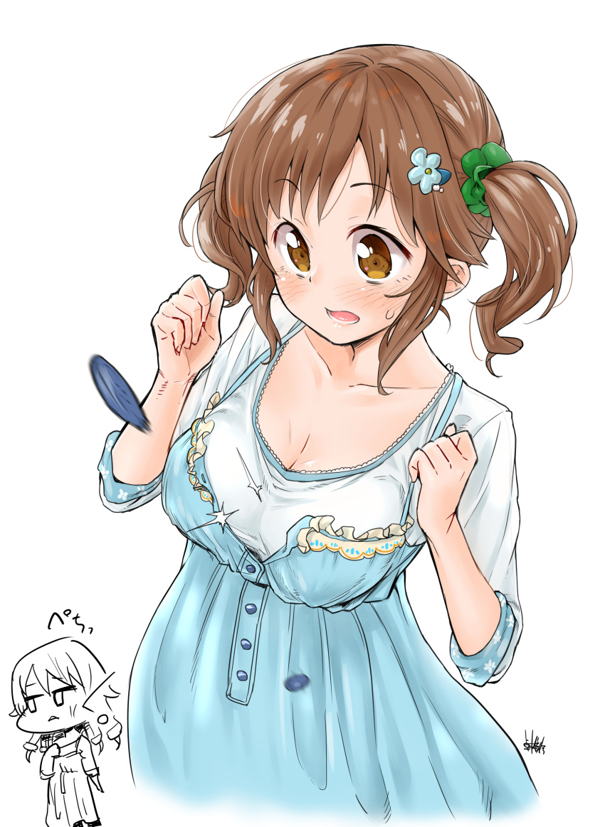 2girls absurdres blouse blue_dress blush breasts brown_eyes brown_hair button_fly cleavage clenched_hands cosplay dress hair_ornament hairclip highres idolmaster idolmaster_cinderella_girls large_breasts long_hair morikubo_nono morikubo_nono_(cosplay) multiple_girls open_mouth popped_button scrunchie sketch sleeveless sleeveless_dress sleeves_folded_up surprised sweatdrop takuji_yuusaku totoki_airi twintails white_blouse