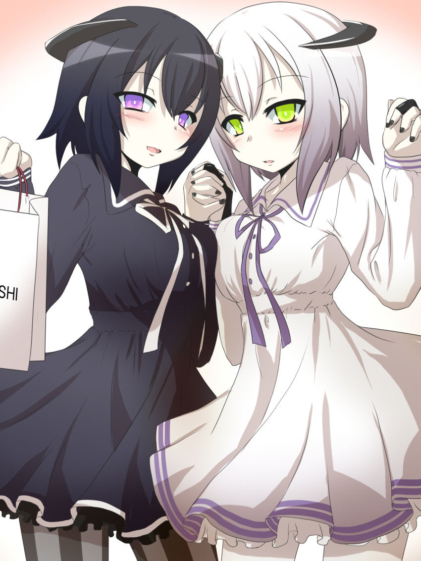 2girls abyssal_twin_hime_(black) abyssal_twin_hime_(white) alternate_costume bag black_dress black_nails breast_press commentary_request dress gomasamune gradient gradient_background green_eyes hair_ornament hands_up highres holding_bag kantai_collection long_sleeves looking_at_viewer mitsukoshi_(department_store) multiple_girls nail_polish open_mouth pantyhose product_placement ribbon shinkaisei-kan shopping_bag short_hair smile symmetrical_docking violet_eyes white_dress