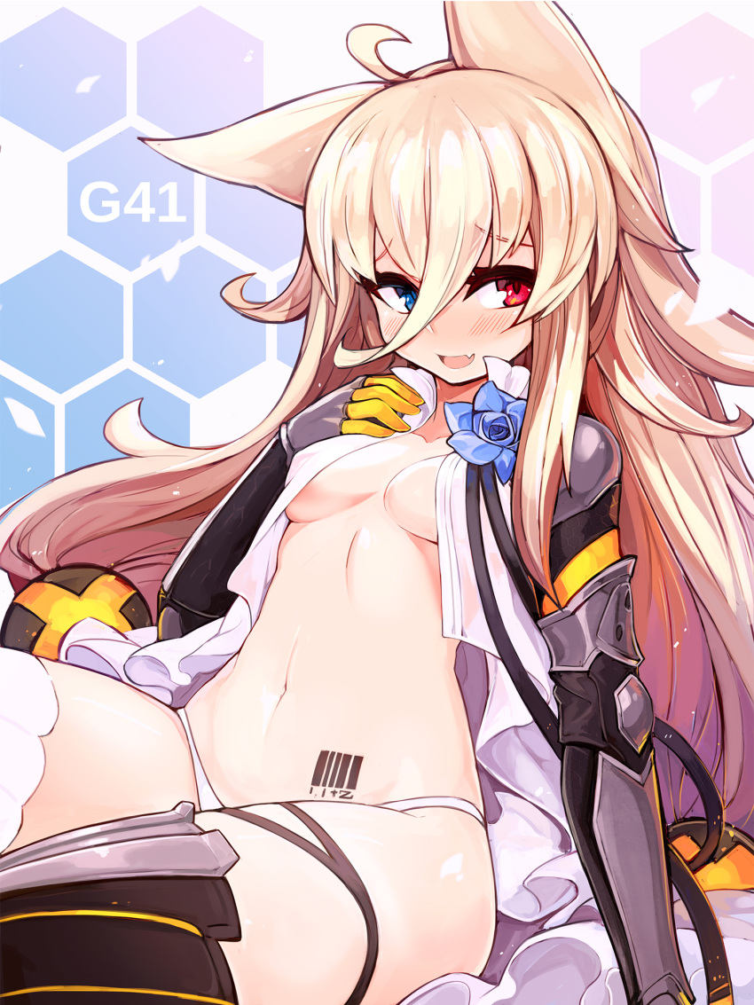 1girl ahoge animal_ears armor bangs barcode_tattoo black_gloves black_legwear blonde_hair blue_eyes blush breasts character_name crop_top elbow_gloves eyebrows_visible_through_hair fang fox_ears g41_(girls_frontline) girls_frontline gloves hair_between_eyes hand_on_own_chest heterochromia hexagon highres hips long_hair looking_at_viewer mismatched_legwear mou_tama_maru navel open_clothes open_mouth open_shirt panties red_eyes shirt sitting small_breasts smile solo tattoo thigh-highs thighs underwear white_legwear white_panties