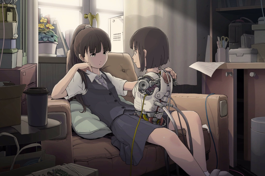 2girls android arm_support between_legs brown_hair couch cup eye_contact flower hand_on_another's_shoulder highres indoors long_hair looking_at_another multiple_girls no_arms original pillow plant ponytail potted_plant power_lines robot_joints school_uniform science_fiction short_hair sitting skirt smile sukabu sunlight torso trash_can tube vest window