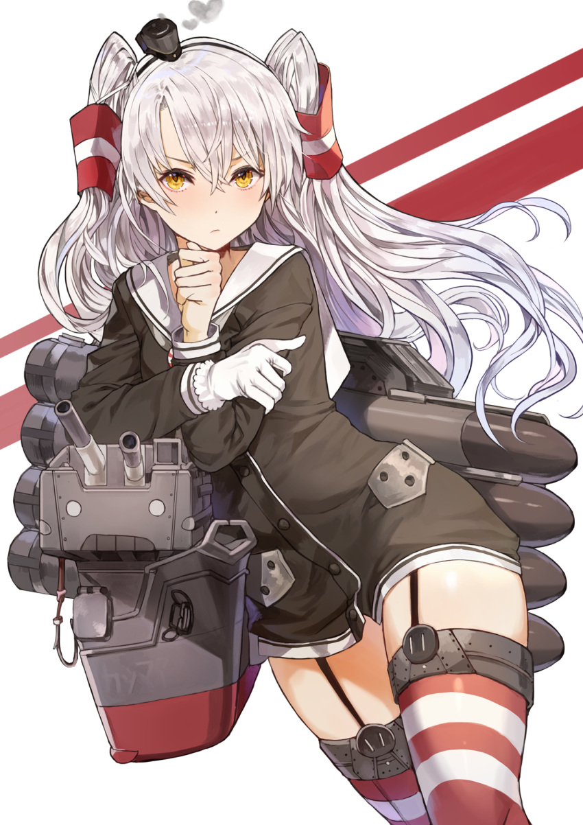 1girl amatsukaze_(kantai_collection) blush brown_dress dress garter_straps hair_tubes highres kantai_collection kim_eb long_hair red_legwear rensouhou-kun sailor_dress short_dress silver_hair solo thigh-highs two_side_up windsock