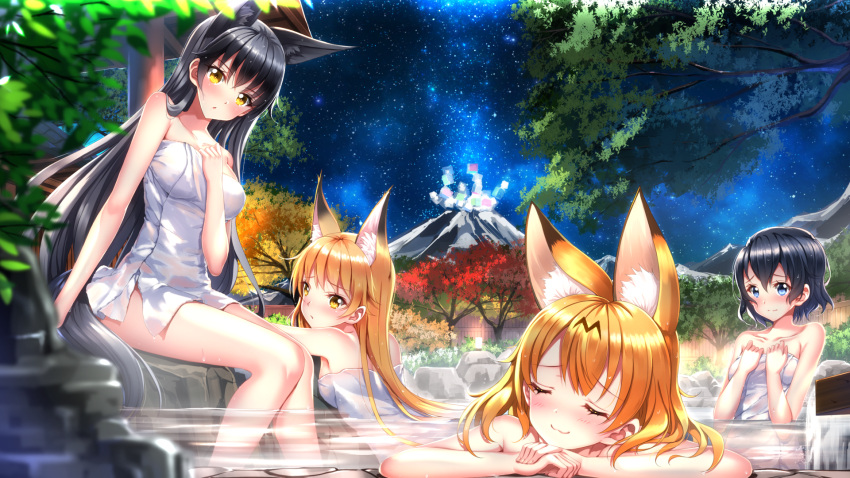 4girls :3 animal_ears bangs bathing black_hair blonde_hair blue_eyes blurry blush breasts closed_eyes collarbone depth_of_field embarrassed ezo_red_fox_(kemono_friends) fox_ears hand_on_own_chest hands_on_own_chest head_rest highres kaban kemono_friends long_hair looking_at_viewer mountain multicolored_hair multiple_girls naked_towel night onsen outdoors partially_submerged rock serval_(kemono_friends) serval_ears shared_bathing short_hair silver_fox_(kemono_friends) sky smile soaking_feet star_(sky) starry_sky swordsouls tail towel tree wading water wet yellow_eyes