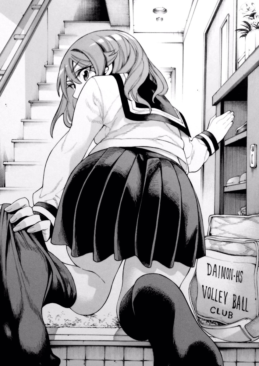 1girl apartment ass bag bangs black_skirt doorway eyebrows_visible_through_hair greyscale hair_between_eyes hand_up highres indoors kneehighs long_hair long_sleeves looking_back monochrome nakajima_ryou official_style pleated_skirt ranker's_high school_bag school_uniform serafuku skirt solo stairs thighs undressing