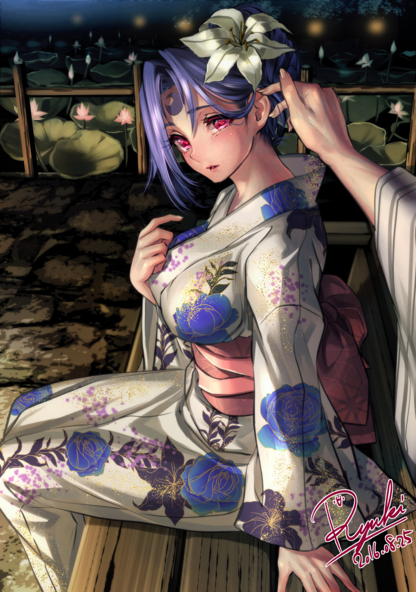 1girl 2016 artist_name bangs bench breasts crescent dated facial_mark floral_print flower hair_flower hair_ornament hair_tucking half_updo hand_on_own_chest highres japanese_clothes kimono large_breasts lily_(flower) looking_at_viewer lotus obi original outstretched_arm parted_bangs parted_lips pov purple_hair red_eyes ryuki@maguro-ex sash signature sitting solo_focus water yukata