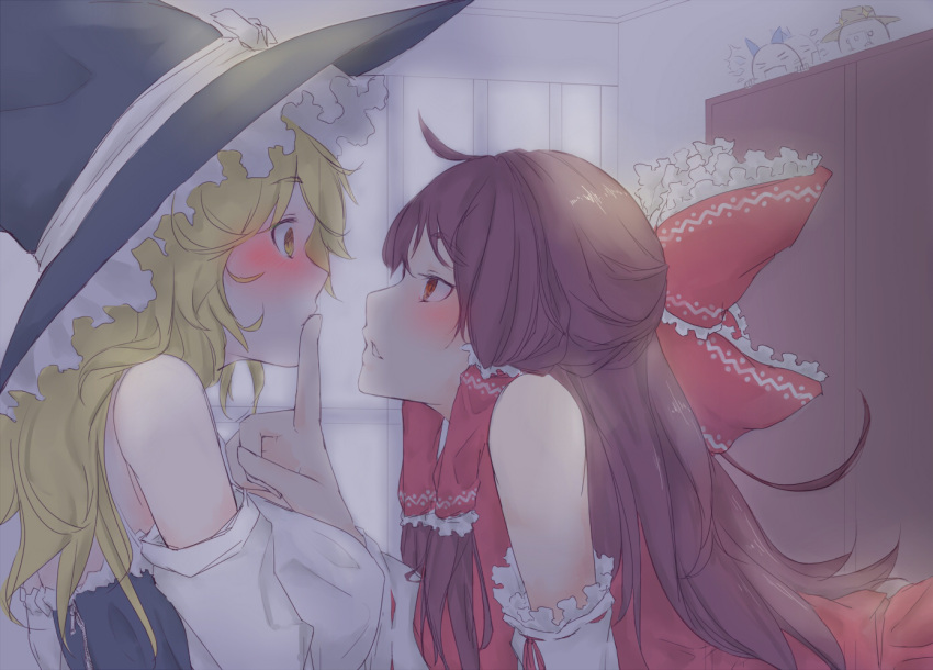 2girls ahoge artist_request bad_id bad_pixiv_id bare_shoulders blonde_hair blush bow brown_hair detached_sleeves eye_contact finger_to_mouth frills hair_bow hair_tubes hakurei_reimu hat hat_bow indoors kirisame_marisa long_hair looking_at_another multiple_girls off_shoulder parted_lips ribbon-trimmed_sleeves ribbon_trim touhou white_bow window witch_hat yellow_eyes yuri