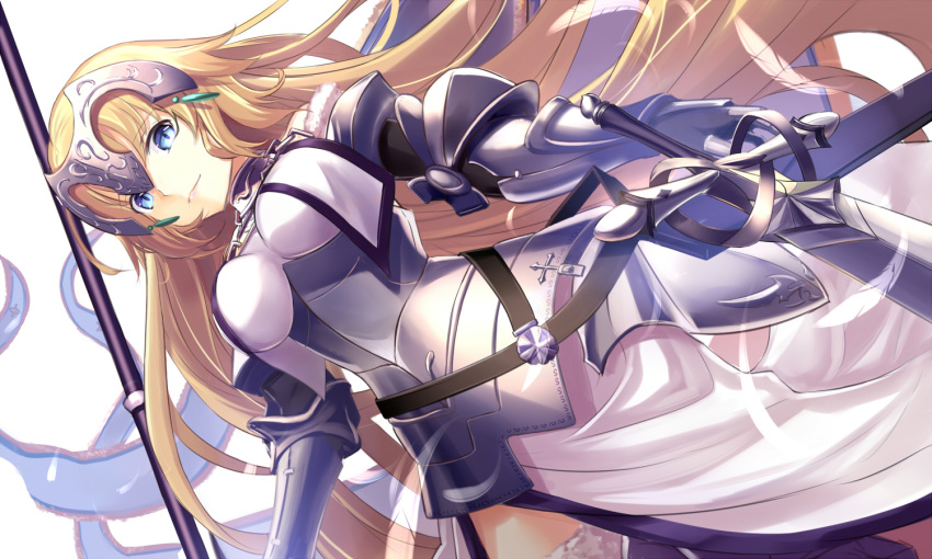 1girl armor armored_dress blonde_hair blue_eyes fate/apocrypha fate_(series) flag gauntlets headpiece long_hair looking_at_viewer renka_(renkas) ruler_(fate/apocrypha) smile solo thigh-highs