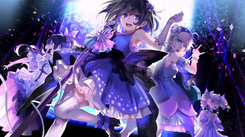 4girls :d :o \n/ ahoge ankle_cuffs aqua_nails arm_up armpits backlighting bangs bare_shoulders benghuai_xueyuan black_legwear black_shoes blonde_hair blue_eyes bow brown_eyes brown_hair cable choker clenched_hand collarbone commentary_request confetti dancing detached_sleeves diamond_(shape) dress drill_hair dutch_angle earrings elbow_gloves eyebrows_visible_through_hair floating_hair foreshortening frilled_dress frilled_legwear frills from_below gloves guitar hair_between_eyes hair_bow hair_intakes hair_ornament hair_ribbon hairband hairclip hand_up hands_together hands_up hexagram holding holding_instrument holding_microphone instrument jewelry layered_dress leg_up light_particles long_hair looking_at_viewer looking_away looking_down looking_to_the_side microphone microphone_stand mouth_hold multiple_girls music musical_note musical_note_print nail_polish official_art open_mouth outstretched_arm outstretched_hand pantyhose petticoat pink_bow playing_instrument plectrum polka_dot polka_dot_dress print_dress puffy_short_sleeves puffy_sleeves purple_bow purple_choker purple_dress purple_hairband purple_ribbon ribbon rifsom sash shoes short_hair short_sleeves singing sleeveless sleeveless_dress smile spotlight staff_(music) stage stage_lights standing standing_on_one_leg star star_earrings star_hair_ornament star_of_david thigh-highs treble_clef twin_drills violet_eyes white_dress white_gloves white_legwear wrist_cuffs wristband yellow_eyes zettai_ryouiki