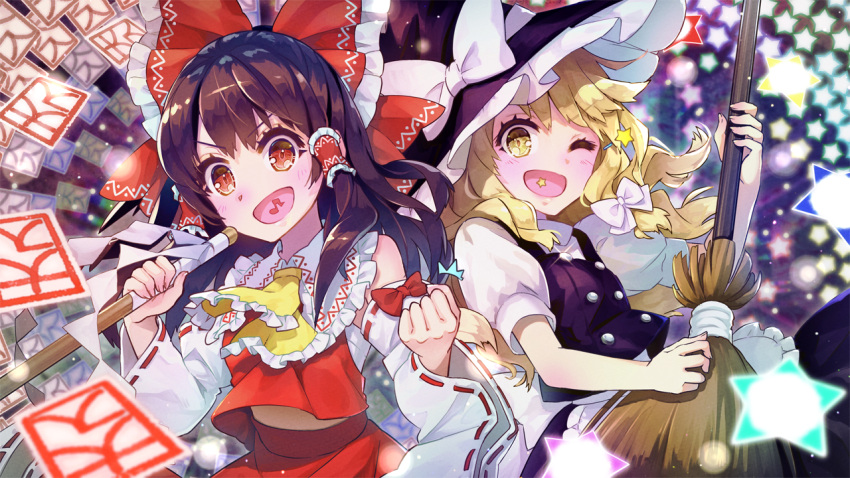 2girls :d ;d apron ascot bangs bare_shoulders black_hair black_headwear black_skirt black_vest blonde_hair blush bow broom clenched_hand commentary danmaku detached_sleeves eighth_note eyebrows_visible_through_hair frilled_ascot frilled_bow frills gohei hair_bow hakurei_reimu hands_up hat hat_bow head_tilt holding holding_broom kirisame_marisa long_hair long_sleeves looking_at_viewer midriff_peek multiple_girls musical_note ofuda one_eye_closed open_mouth puffy_short_sleeves puffy_sleeves red_bow red_eyes red_skirt ribbon-trimmed_sleeves ribbon_trim shirt short_sleeves sidelocks skirt skirt_set smile star syuri22 touhou upper_body v-shaped_eyebrows vest waist_apron white_apron white_bow white_shirt wide_sleeves witch_hat yellow_eyes yellow_neckwear