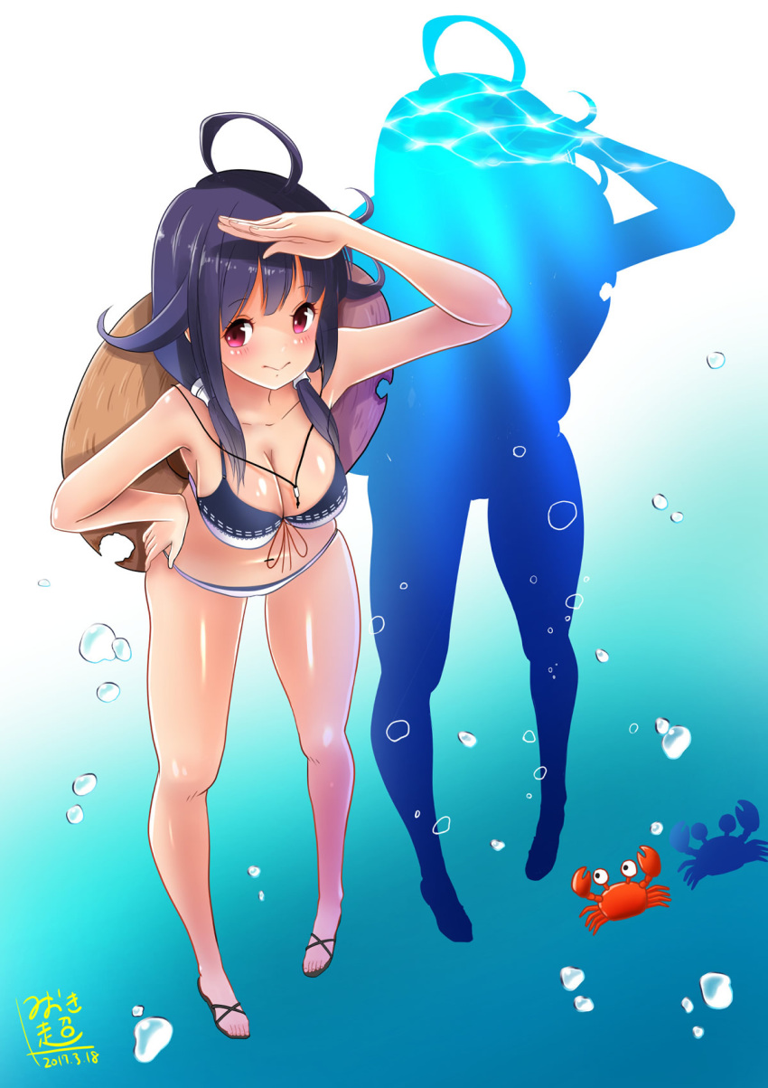 1girl bikini breasts cleavage crab hair_flaps hat highres kantai_collection leaning_forward logo looking_at_viewer low_twintails miokikoeru purple_hair red_eyes sandals silhouette solo sun_hat swimsuit taigei_(kantai_collection) twintails