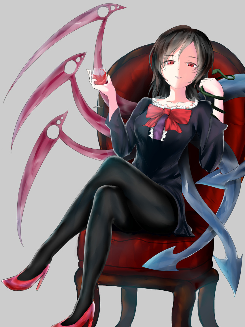 1girl alternate_legwear asymmetrical_wings black_dress black_hair black_legwear bow bowtie collarbone couch cup dress drinking_glass frills high_heels highres honefuto houjuu_nue legs_crossed long_sleeves looking_at_viewer pantyhose parted_lips red_bow red_bowtie red_eyes sitting smile snake solo touhou wine_glass wings