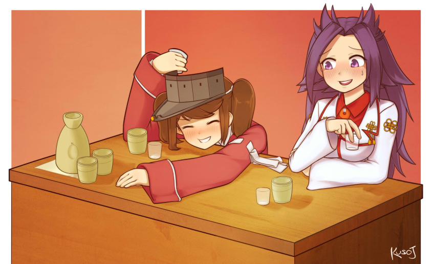 2girls :d ^_^ arm_up artist_name bangs blazer blush border breasts brown_hair cheek_bulge closed_eyes collared_shirt commentary cup drinking drinking_glass eyebrows_visible_through_hair grin highres holding holding_cup jacket jacy jun'you_(kantai_collection) kantai_collection long_hair long_sleeves looking_at_another magatama medium_breasts multiple_girls nose_blush open_mouth purple_hair red_shirt ribbon-trimmed_sleeves ribbon_trim ryuujou_(kantai_collection) shirt shot_glass smile sweatdrop swept_bangs twintails violet_eyes visor_cap wing_collar