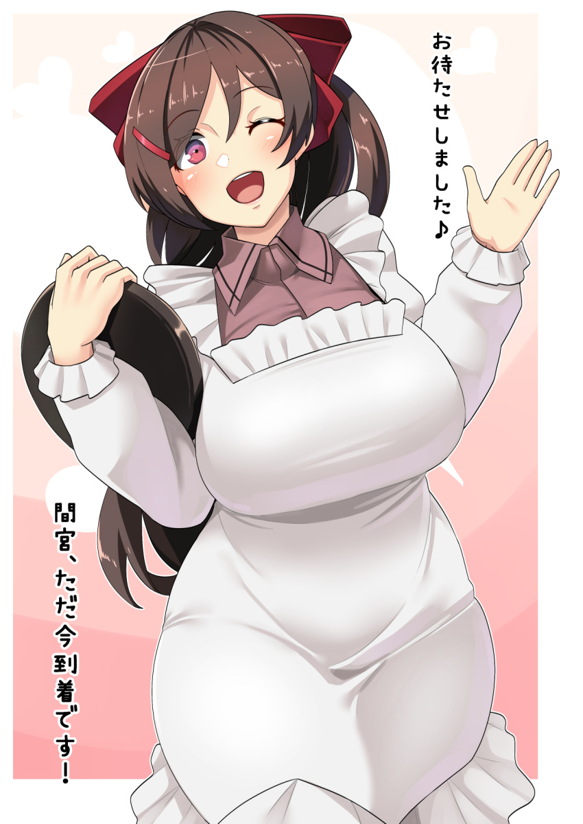 1girl blush breasts brown_hair eyebrows_visible_through_hair gradient gradient_background hair_ornament hair_ribbon hairclip highres hokuto_no_ken kantai_collection kappougi large_breasts long_hair looking_at_viewer mamiya_(kantai_collection) one_eye_closed open_mouth ponytail ribbon ryuun_(stiil) smile solo translated violet_eyes