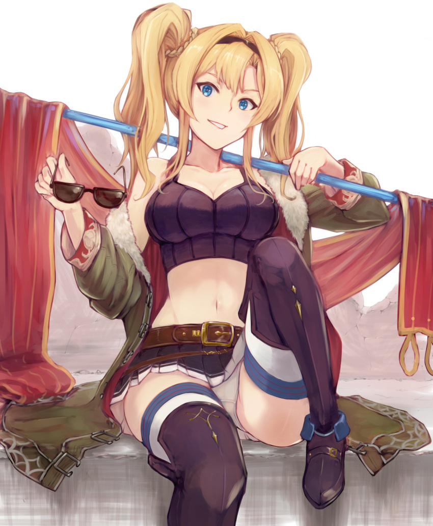 1girl bare_shoulders black_footwear black_skirt blonde_hair blue_eyes blush breasts chokuro cleavage coat collarbone crop_top granblue_fantasy green_jacket hair_between_eyes hair_ornament hairband highres impossible_clothes jacket large_breasts lips long_hair looking_at_viewer microskirt midriff miniskirt navel over_shoulder panties pantyshot parted_lips polearm sidelocks sitting skirt smile spear sunglasses sunglasses_removed thigh-highs thighs twintails underwear weapon weapon_over_shoulder white_legwear white_panties zeta_(granblue_fantasy)