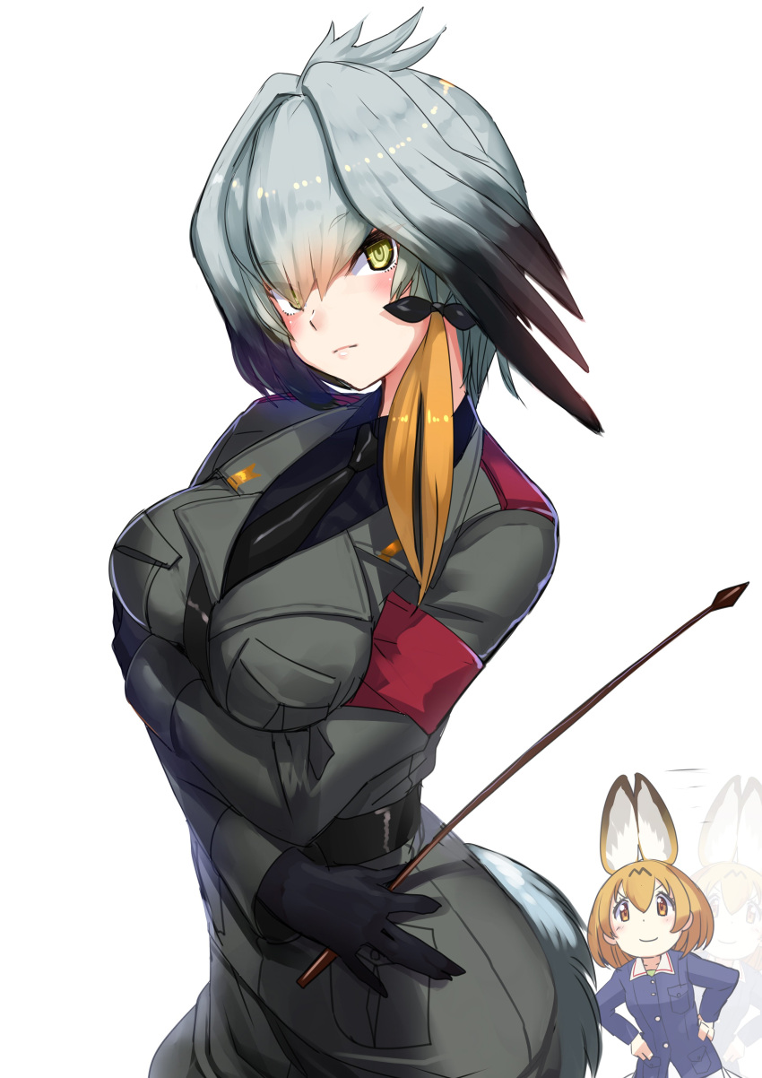 2girls absurdres afterimage akasaai anchovy anchovy_(cosplay) animal_ears bird_tail black_hair black_shirt blush breasts collared_shirt commentary_request cosplay eyebrows_visible_through_hair girls_und_panzer green_eyes grey_jacket head_wings highres kemono_friends large_breasts lips long_hair looking_at_viewer low_ponytail military military_jacket military_uniform motion_lines multicolored_hair multiple_girls nishizumi_miho nishizumi_miho_(cosplay) orange_hair riding_crop serval_(kemono_friends) serval_ears serval_tail shirt shoebill_(kemono_friends) short_hair silver_hair smile tail uniform zoom_layer