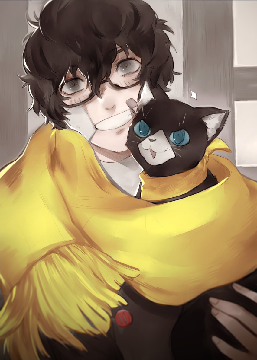 1boy absurdres animal artist_request black_hair blue_eyes blush cape cat glasses highres kurusu_akira looking_at_viewer male_focus morgana_(persona_5) persona persona_5 smile