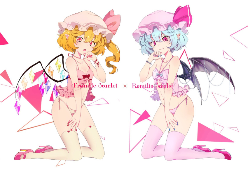 2girls babydoll bat_wings blonde_hair blush bow bow_panties character_name closed_mouth collarbone commentary_request earrings engrish error fang fang_out flandre_scarlet full_body halterneck hat hat_ribbon high_heels highres jewelry kneeling kyogoku-uru looking_at_viewer mob_cap multiple_girls nail_polish navel open_mouth panties pink_eyes pink_legwear pink_nails pink_panties pink_shoes pointy_ears ranguage red_bow red_eyes red_ribbon remilia_scarlet ribbon shoes siblings side-tie_panties side_ponytail silver_hair simple_background sisters smile thigh-highs touhou underwear underwear_only white_background white_legwear white_panties wings