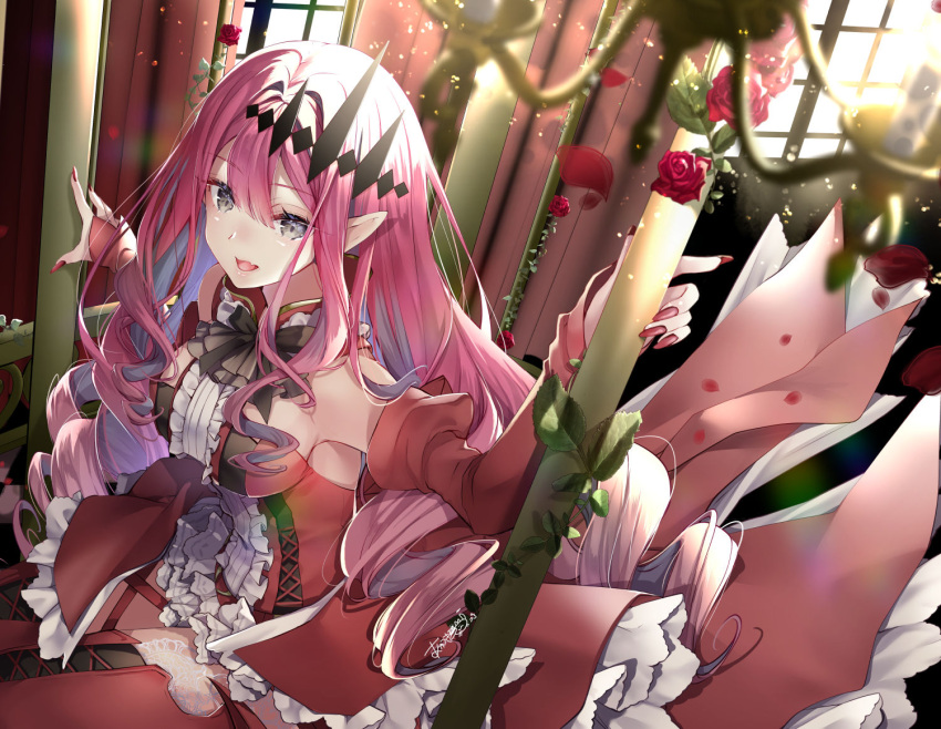 1girl akatsuki_hijiri bangs bare_shoulders blush breasts center_frills detached_collar detached_sleeves dress earrings fairy_knight_tristan_(fate) fate/grand_order fate_(series) frills grey_eyes jewelry large_breasts long_hair looking_at_viewer open_mouth pink_hair pointy_ears red_dress sidelocks smile solo tiara