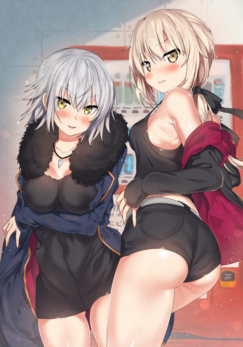 2girls ass blonde_hair blush breasts fate/grand_order fate_(series) fur_trim highres jeanne_alter jewelry kawai_(purplrpouni) large_breasts long_hair looking_at_viewer multiple_girls necklace ponytail ruler_(fate/apocrypha) saber saber_alter short_hair short_shorts shorts smile yellow_eyes