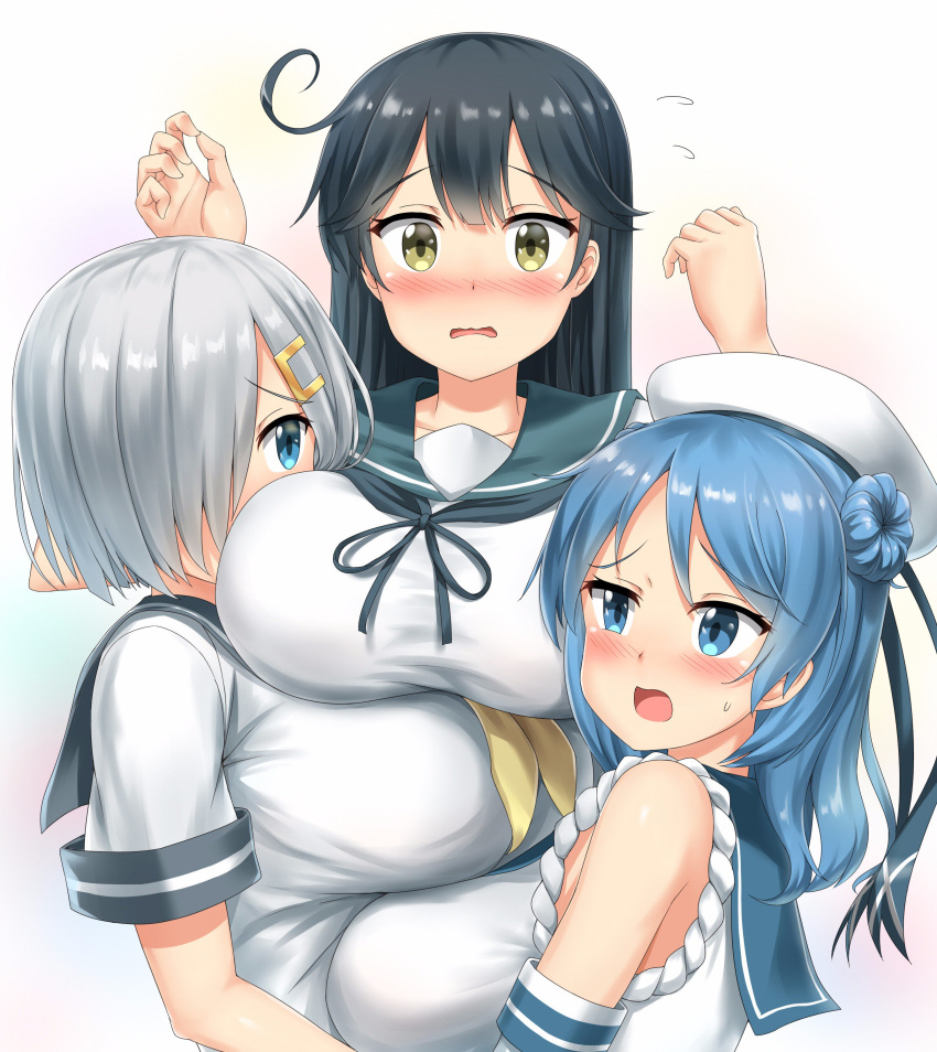 3girls absurdres ahoge bare_shoulders black_hair blue_eyes blue_hair blush breasts brown_eyes collarbone double_bun elbow_gloves gloves gradient gradient_background hair_ornament hair_over_one_eye hairclip hamakaze_(kantai_collection) hat highres kantai_collection large_breasts long_hair looking_at_another looking_at_viewer multiple_girls nedia_r open_mouth school_uniform serafuku short_hair short_sleeves silver_hair straight_hair urakaze_(kantai_collection) ushio_(kantai_collection) white_hat