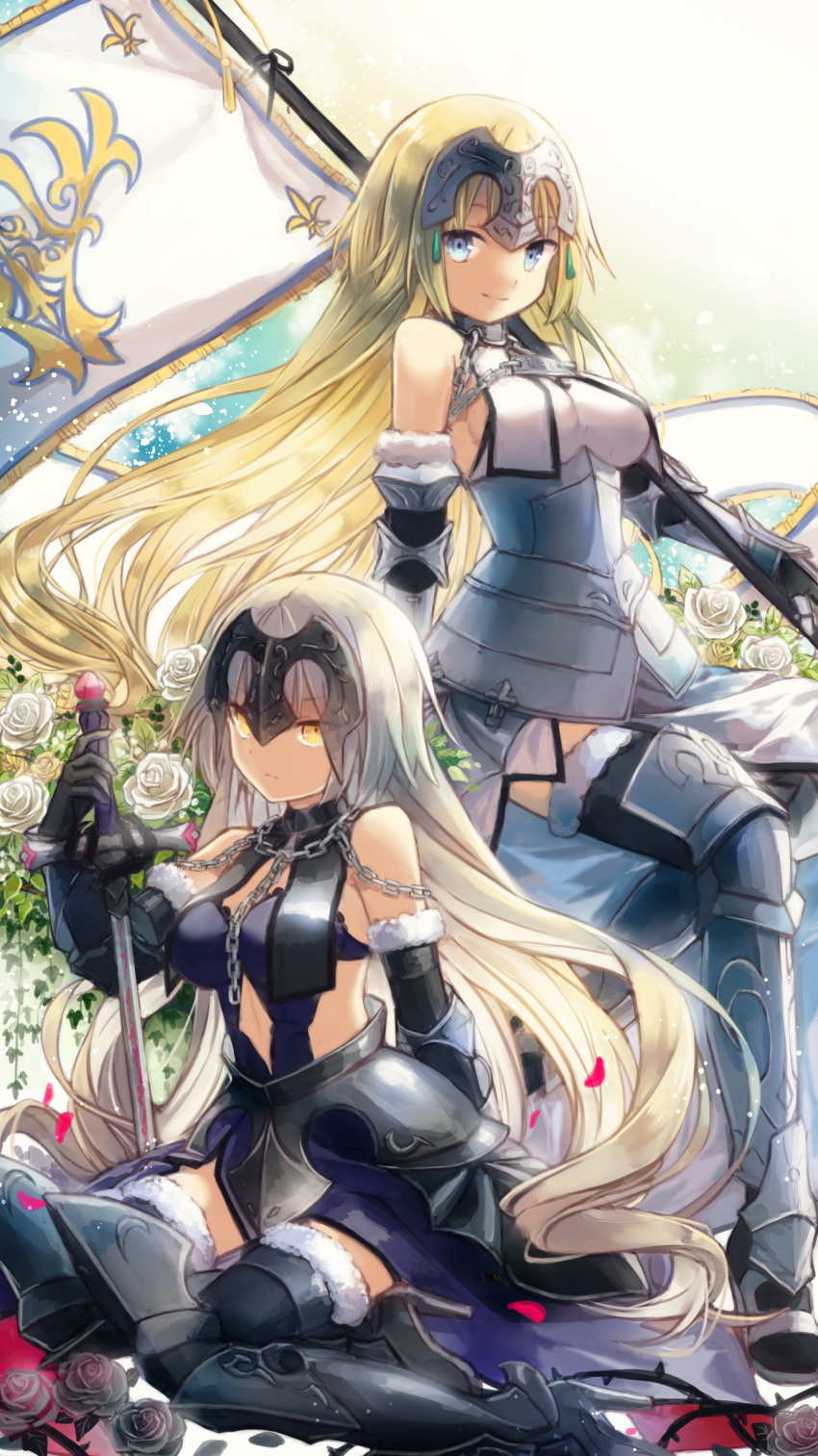 &gt;:/ 2girls absurdres armor armored_boots bare_shoulders black_rose blonde_hair boots breasts chains closed_mouth fate/grand_order fate_(series) flag flower green_eyes head_tilt high_heels highres jeanne_alter long_hair looking_at_viewer medium_breasts multiple_girls petals rose ruler_(fate/apocrypha) sitting smile sword thorns very_long_hair weapon white_rose yellow_eyes yumeichigo_alice