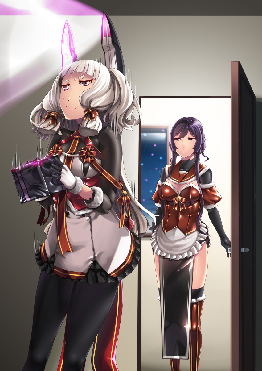 2girls absurdres bangs black_legwear blunt_bangs christmas door female_admiral_(kantai_collection) gift gloves hair_ribbon headgear hiememiko highres kantai_collection light long_hair multiple_girls murakumo_(kantai_collection) pantyhose pelvic_curtain remodel_(kantai_collection) ribbon short_eyebrows surprised thighband_pantyhose tress_ribbon walk-in window