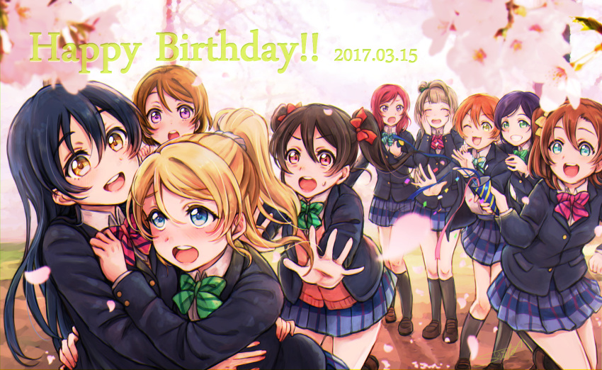 6+girls ^_^ ayase_eli black_hair black_legwear blazer blue_bow blue_bowtie blue_eyes blue_hair blush bow bowtie brown_hair brown_shoes cherry_blossoms closed_eyes commentary_request confetti dated green_bow green_bowtie green_eyes grey_hair hair_bow hand_on_another's_chest hands_on_own_cheeks hands_on_own_face happy_birthday highres hoshizora_rin hug jacket kneehighs koizumi_hanayo kousaka_honoka lilylion26 long_hair long_sleeves looking_at_another love_live! love_live!_school_idol_project minami_kotori miniskirt multiple_girls nishikino_maki one_side_up open_mouth orange_hair party_popper petals pleated_skirt ponytail purple_hair red_bow red_bowtie red_eyes redhead shoes short_hair signature skirt smile sonoda_umi striped striped_bow striped_bowtie sweatdrop toujou_nozomi twintails violet_eyes yazawa_nico yellow_bow yellow_eyes