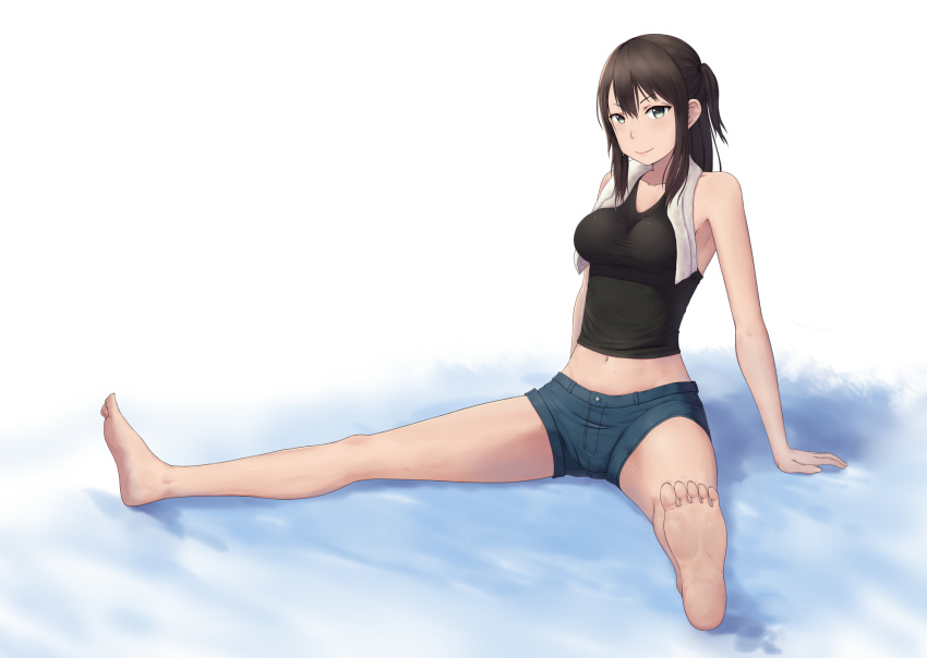1girl arm_support bare_arms bare_legs bare_shoulders barefoot black_shirt blue_eyes breasts brown_hair denim denim_shorts feet groin highres impossible_clothes looking_at_viewer medium_breasts midriff navel one_side_up seiren shirt shorts side_ponytail smile soles solo spread_legs tank_top thighs toes towel towel_around_neck tsuneki_hikari white_background yautau