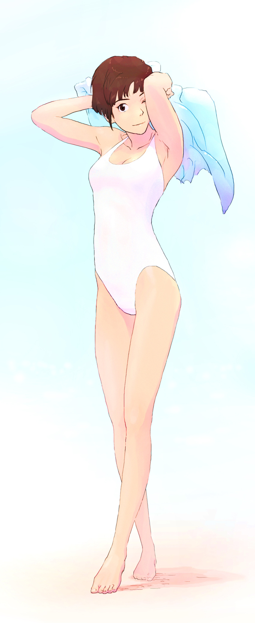 1girl absurdres barefoot brown_eyes brown_hair full_body gake_no_ue_no_ponyo highres looking_at_viewer one-piece_swimsuit risa_(ponyo) short_hair solo standing studio_ghibli swimsuit tombiiwa towel white_swimsuit