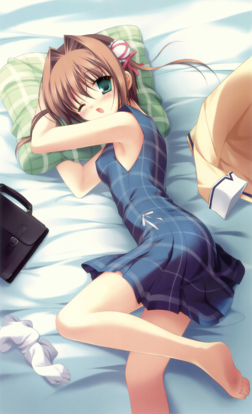 1girl absurdres asakura_yume barefoot black_dress breasts brown_hair da_capo da_capo_(series) da_capo_ii dress erect_nipples eyebrows_visible_through_hair feet from_above green_eyes hair_ribbon highres legwear_removed looking_at_viewer lying medium_breasts on_side one_eye_closed open_mouth pillow red_ribbon ribbon scan short_dress short_hair socks soles solo tanihara_natsuki toes white_legwear white_ribbon