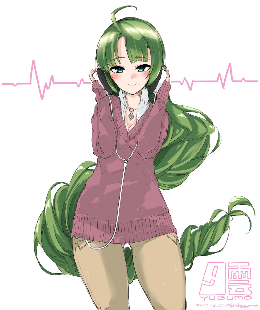 1girl :&gt; absurdres ahoge alternate_costume blue_eyes blush braid breasts cable cleavage closed_mouth collared_shirt cowboy_shot dated eyebrows_visible_through_hair green_hair hands_on_headphones headphones highres jewelry kantai_collection kirishina_(raindrop-050928) long_hair long_sleeves looking_at_viewer mole mole_under_mouth necklace pants shirt single_braid smile solo sweater twitter_username very_long_hair white_background yuugumo_(kantai_collection)